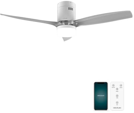 Cecotec Ventilador de Techo con Luz EnergySilence Aero 5285 Sun WhiteTransparent Connected. 40W, Diámetro 52”, Mando, Wifi, Protección IP44, 6 Velocidades, 3 Aspas, Modo winter-summer, Temporizador