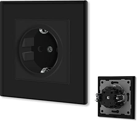 BSEED Enchufe de pared con Panel de cristal,Negro Simple Schuko Enchufe con clips,16A 250V Tomas de corriente empotradas,Enchufe de pared aplicar para Cocina, Dormitorio,Oficina, Hotel, etc