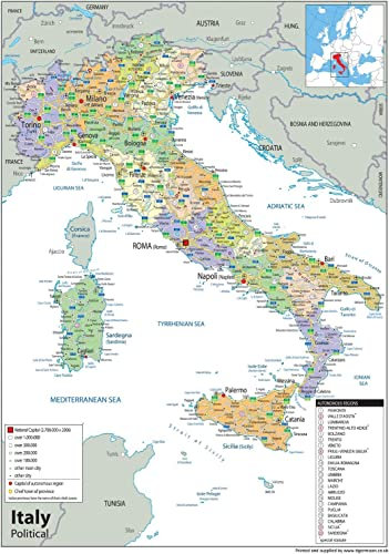 Politische Karte von Italien, Größe A2, 59,4 x 42 cm, laminiertes Papier