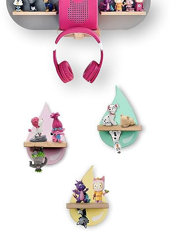 Tolina - Regentropfen-Set Kinderregal - Regal Wand für Hörfiguren wie Tonie - Sicher & Stabil - Kinderzimmer Deko Pastellfarben 3er Set (Rosa-Gelb-Grün)