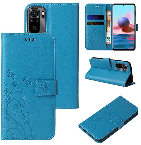 LBH Handy Hülle für Xiaomi Redmi Note 10 Case Handytasche Schmetterling Blumen Flower Standfunktion Schutzhülle Magnet Rundum Schutz 360 Grad Flipcase Cover Blau