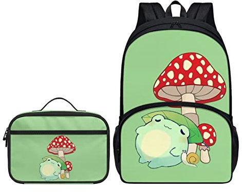 Belidome Cute Cartoon Mushroom Frog School Backpack with Matching Lunch Bag 2 Piece Set for Kids Teens Boy Girl Lightweight Bookbag and Lunch Tote Box for Kindergarten Elementary Middle School