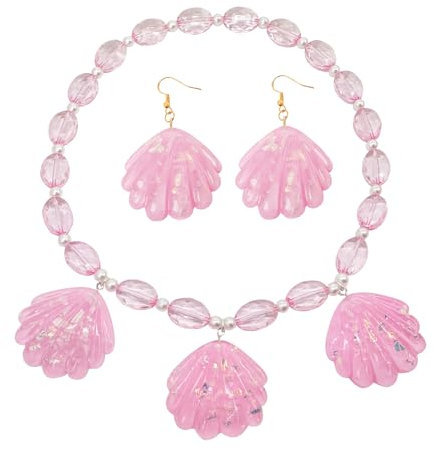 Yifnny Ensemble de Bijoux Coquillage Rose,Lot de 2 colliers et boucles d'oreilles roses pour femmes Bijoux en coquillage pailleté Accessoires pour Bijoux de fête (Style 1)
