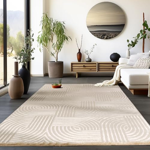 HomebyHome Kurzflor Teppich Wohnzimmer Beige 3D Skandinavisches Stil Modern Groß 280 x 370 cm - Schlafzimmer Küchenteppich Waschbar Boho Design Weicher Wohnzimmerteppich