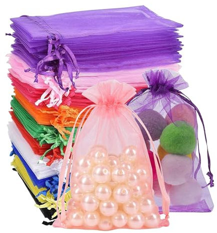 Rhimooay 100 Stück Organzasäckchen 10x15cm, Organza Säckchen Bunt, Säckchen zum Befüllen, Organzabeutel mit Kordelzug für Schmuckbeutel, Hochzeit-Säckchen, Festivalparty (10 Farbig)