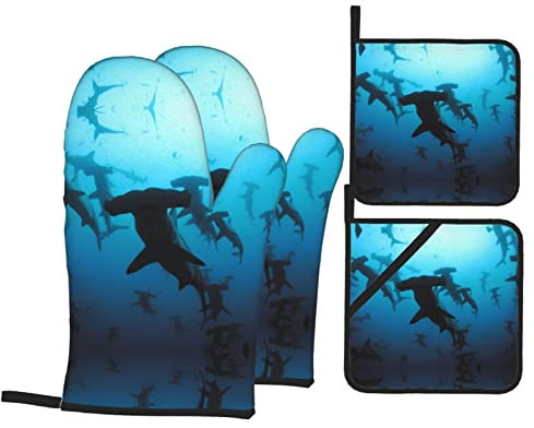 Hammerhead Sharks - Juego de guantes de horno y soportes para ollas para cocinar, hornear, barbacoa, horno, guantes de horno resistentes al calor