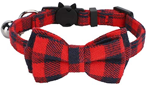 MISNODE Katzen Niedliche Bowknot-Halsbänder Katzen Halsband mit Karierten Krawatte Weiches Tuch Bowtie und Glocke, Anpassungs Fähiges Dekoratives Halsband für Hunde und Katzen, Haustiere(Rot)
