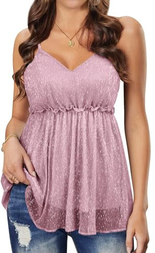 WIEIYM Haut à paillettes sexy pour femme - Col en V - Sans manches - Bretelles réglables - Volants - Ourlet gradué - Chemise à paillettes festive - Tenue de rave, Or rose, XXL