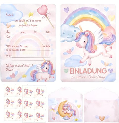 12x Einhorn Einladungskarten Kindergeburtstag,mit Umschlägen & Stickern,Einladungskarten Geburtstag Madchen,einladungskarten einhorn,einhorn geburtstag,für Geburtstag,Geschenke für Mädchen