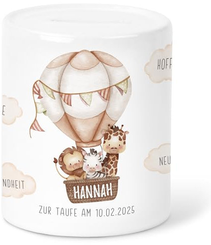 Spardose Taufe Geldgeschenk Verpackung personalisiert Taufgeschenk für Jungen & Mädchen Sparkasse Sparbüchse Sparbox Sparschwein aus Keramik (Beige)