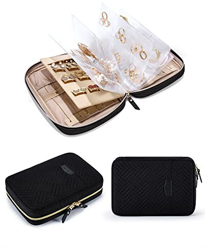 bagsmart Travel Jewellery Organiser, Jewellery Case, Jewelry Storage Bags with Clear Pages for More Necklaces, Earrings, Rings, Bracelets, Large Capacity Zipper Jewelry Pouch, Black