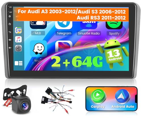 Ohradio 2G+64G Radio Coche Android para Audi A3 2003-2012/Audi S3 2006-2012/Audi RS3 2011-2012, Carplay Android Auto inalámbrico, 9 Pantalla Táctil 2 DIN con WiFi GPS FM/RDS BT SWC+Cámara Trasera+MIC