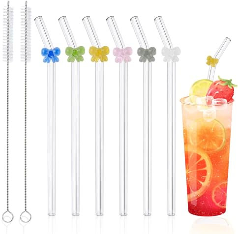 6 Pcs Reusable Glass Straws with Charms, Cute Glass Straws Shatter Resistant, Colorful Bow Straw with 2 Cleaning Brushes for Cocktails Smoothies Milkshakes Juices Teas Bar Accessories