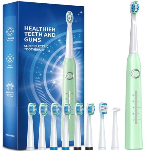 Electric Toothbrush for Adult, Sonic Toothbrushes with 8 Brush Heads 40000 VPM 5 Modes, Sonic Toothbrushes Fast Rechargeable 4 Hours Last 30 Days (P1, Green)