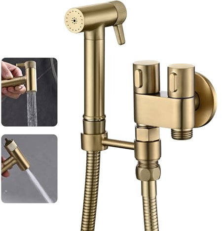 WRKMH Kit Douchette WC Or Brossé, Laiton Douchette Toilette Un Entré et Deux Sortis Douchette WC Kit Complet avec Pulvérisateur de Bidet à 2 Fonctions, 1.2m Tuyau de Douche