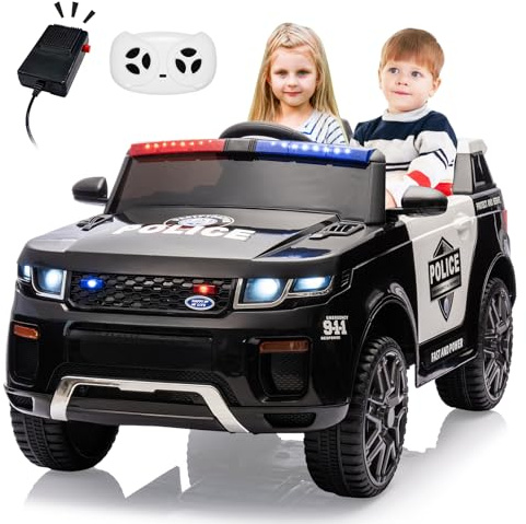 GarveeLife 12V Kids Ride On Police Car with Remote Control Electric Police Car for Kids 3-8 Toddlers Ride On Police Car Toy with LED Flashing Light, Megaphone, Spring Suspension, Handle, Music, Black
