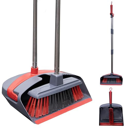 EPISENT Long Handled Dustpan and Brush Set - Upright Stand-Up Storage, Reduces Bending, Perfect for Home, Kitchen, Office - Easy Assembly, Durable - Red & Grey