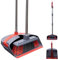EPISENT Long Handled Dustpan and Brush Set - Upright Stand-Up Storage, Reduces Bending, Perfect for Home, Kitchen, Office - Easy Assembly, Durable - Red & Grey