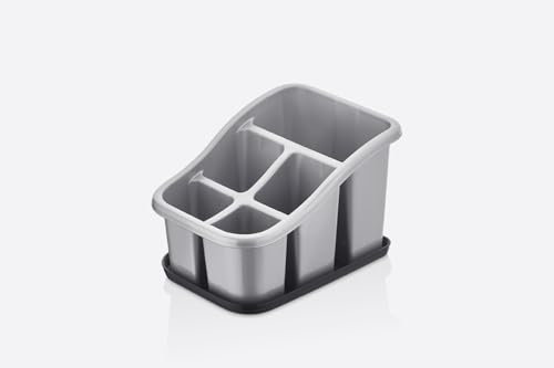 Stolmet Cutlery Drainer with Tray - 3 or 5 Pocket Utensil Holder - BPA Free - Ideal for Kitchen and Camping (Grey, 5 Compartments)