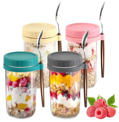 Pavlleen 4 Stück Glas Müslibecher to go mit Deckel und Löffel, 600ml Overnight Oats Gläser Mason Jars mit Messmarken, Müsli-Aufbewahrungsgläser mit Deckel für Jogurt, porridge, cornflakes, muesli