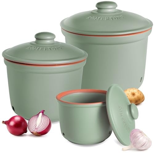 Römertopf Frische-Topf 3er Set - Knoblauch, Zwiebel und Kartoffel Aufbewahrungsbox Keramik - Atmungsaktiver Ton hält Gemüse länger frisch - Grün
