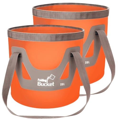Hojalis 2 Pcs Folding Bucket, 20L Collapsible Buckets with Handle, 2025 Upgraded Folding Water Bucket, Portable Water Buckets for Traveling Camping Hiking Fishing Car Washing (Orange)