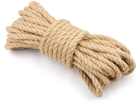 KNJOMZIE Corda Juta 8mm x 25m – Spago Canapa Naturale per Giardino, Tiragraffi, Decorazioni, Fai-da-te, Imballaggi – Corda Grossa Intrecciata Resistente e Multifunzionale