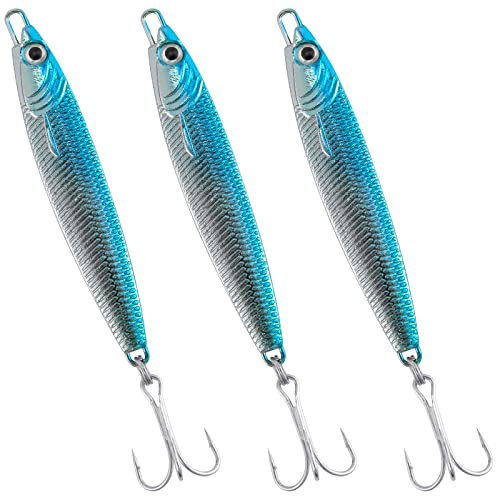 Dr.Fish Metal Sea Fishing Lures Sliver Blue Minnow Spoon Lures Set of 3 Sea Fishing Tackle Mackerel Cod Sea Bass Pike Stinger Spinner Lures Metal Jigs 60g