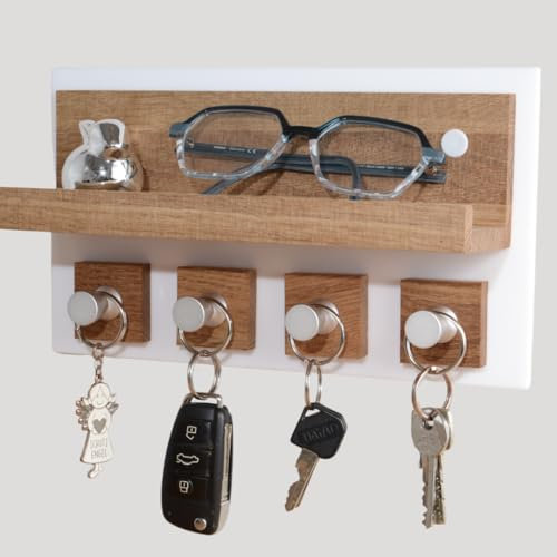 Alakay Modernes Schlüsselbrett Mit Ablage - Hochglanz Schlüsselbrett Holz Für Stilvolle Schlüssel Aufbewahrung, Schlüsselhalter weiß Ideal Für Ihr Zuhause Oder Büro, Praktisch Und Elegant