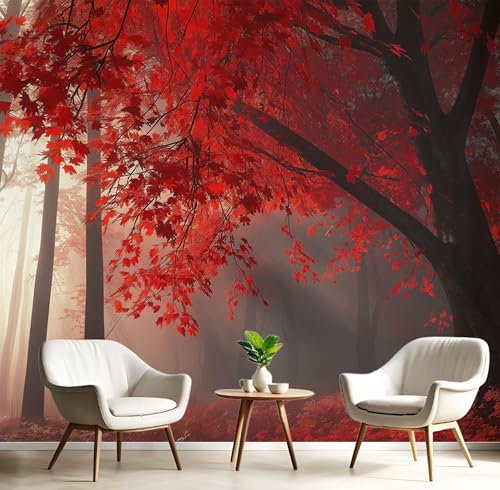 Papier Peint Forêt Brumeuse Paysage Panoramique 3D, Forêt D'Érables Rouges Décoration Murale 450x315cm (L×H) Poster Tableaux Muraux Photo, Salon Chambre à Coucher Maison Décor Intérieure, Rouge Gris