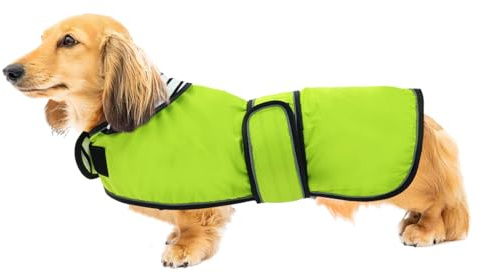 Geyecete Hunde Regenmantel,Einstellbar Wasserdicht Hundejacke für Dackel,Regenmantel mit reflektierenden Trägern,Regenjacken mit Gürtel mit Klettverschluss für Miniaturdackel-Grün-L