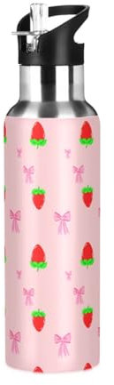 Cute Pink Bows Insulated Stainless Steel Water Bottle Leak & Sweat Proof Vacuum Water Bottle with Straw for Gym Sport Outdoor-1000ml