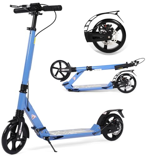 Kickscooter, Tretroller für Kinder von 8 bis 12 Jahren mit großen Rädern von 200 mm für Erwachsene mit Scheibenbremsen, verstellbare Roller mit Tragegurt für Jugendliche von 11 bis 15