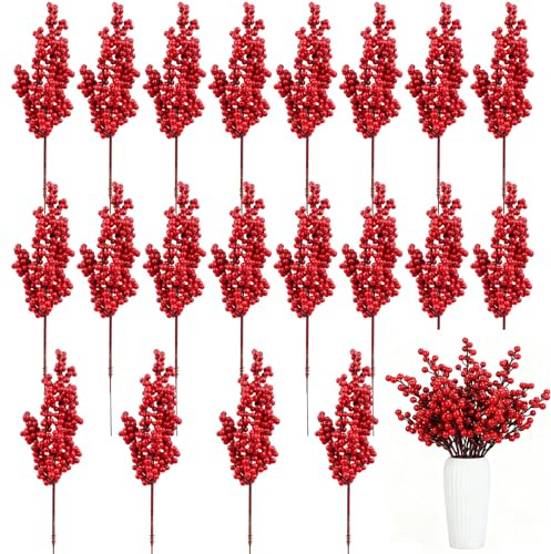 20 unidades de bayas rojas decorativas de Navidad, ramas de bayas de acebo, ramas de bayas artificiales, ramas de bayas, decoración navideña para Navidad, decoración de invierno (B)