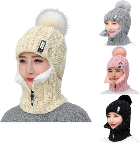 Aartner Mütze und Schal Damen, 2 in 1 Winter Strickmütze Schal Mütze Set, Balaclava Wintermütze Strickschal, Doppelte Wärme, 50-60cm