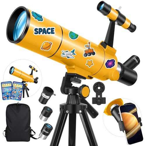 HUGERSTAR Télescope Astronomique Professionnel pour Adultes & Enfants Débutants, 80/500mm Télescope Réfracteur Portable avec Trépied Réglable, Adaptateur Téléphone, Sac à Dos & Autocollants Spatiaux