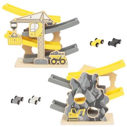 WoodenFun Kugelbahn Autos Holz Feuerwehr Motorik-Spielzeug Rampe Auto Rennbahn Holzautospielzeug für kleine Kinder Rennspielzeug Geschenk ab 1 2 3 4 (Ingenieurwesen)