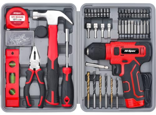 Hi-Spec 8V USB Cordless Drill Driver & Tool Kit for Home DIY, Red | Fast assembly jobs, cord-free control, compact case storage, wood metal masonry accessories, project ready, fast setup