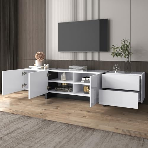 VIVCA Mueble de TV, panel lowboard con patas de colores en blanco brillante y negro, con puertas y cajones, puertas con estantes. Diseño simple de línea.