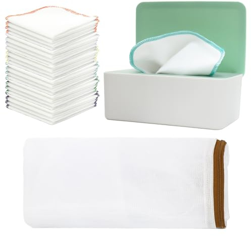 54 Pack Flannel Cloth Baby Wipes with Dispenser, Reusable Natural Baby Wipes Soft Tissues Body Face Hand Washcloth Essential for Cloth Diapers, 20 x 20 cm