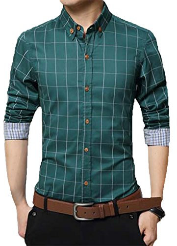 Kuson Homme Chemise à Carreaux Manche Longue Coton Slim Fit Casual Mince Vert XXL