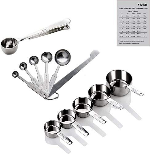 Yizish Misurini e cucchiai in acciaio inox con righello di misurazione, Scoop con clip, Tabella di conversione della cucina Set di 12 per ingredienti secchi e liquidi