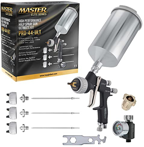 Master Elite Hochleistungs-Sprühpistole PRO-44 Serie HVLP, ultimatives Set mit 4 Flüssigkeitsspitzen-Sets 1,3, 1,4, 1,5 und 1,8 mm und Luftdruckregler, Automobil-Basislacke, Klarlacke, Grundierungen