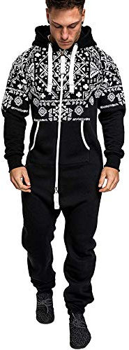 GrenouillèRes Hommes Sexy Long Combinaison Capuche Pyjama Jumpsuit Ensembles Salopette Imprimer Zip Pantalon De Sports Muscle Zipper (2XL, Noir)