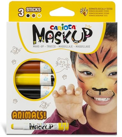 Carioca Mask Up Animales, Kit de Pintura Facial para Niños y Niñas, Barras de Maquillaje Ideal para Navidad, Halloween, Carnaval y Fiestas - 3 Colores y 2 Tutoriales - Dermatológicamente Testado