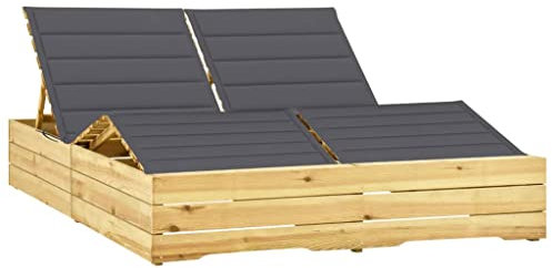 Doppel-Sonnenliege,Holz Sonnenliege,Liegestuhl,Relaxliege,Verstellbare Rückenlehne und Fußstütze,für Draußen,Terrassen,Veranden,Hinterhöfe,Balkone,Pools,mit Anthrazit Auflage Kiefer Imprägniert