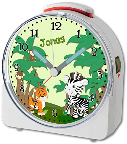 CreaDesign, WU-71-1109, Safari-Zebra, analog Kinderwecker weiß, Funkwecker mit Sweep-Uhrwerk und fluoreszierenden Zeiger und Licht, personlisiert mit Namen, 10,2 x 4,6 x 11 cm