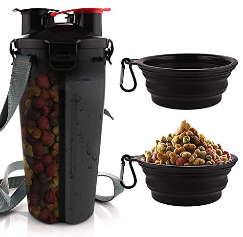 Bouteille d'eau pour Chien avec 2 Bols Pliables Portable 2 en 1 Bouteille d'eau et Nourriture pour Chiens Chat Animaux, Voyage Bouteille pour la Marche, Exercice, Randonnée, Camping (Noir)