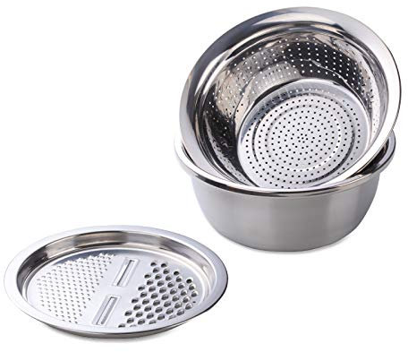 SUNSENGEUR 3PC/Set Colander Set Stainless Steel Vegetable Slicer Fruit Potato Peeler Carrot Grater Strainer Utensil Round Rice Washer Bowl Drain Basket-Silver