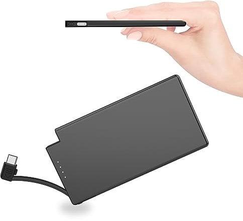 TNTOR Portable Charger, 5000mAh Lightweight Ultra Slim Power Bank with Built-in USB-C Cable, Portable Small Power Bank Compatible with iPhone 15 16 series and Android Devices, Black